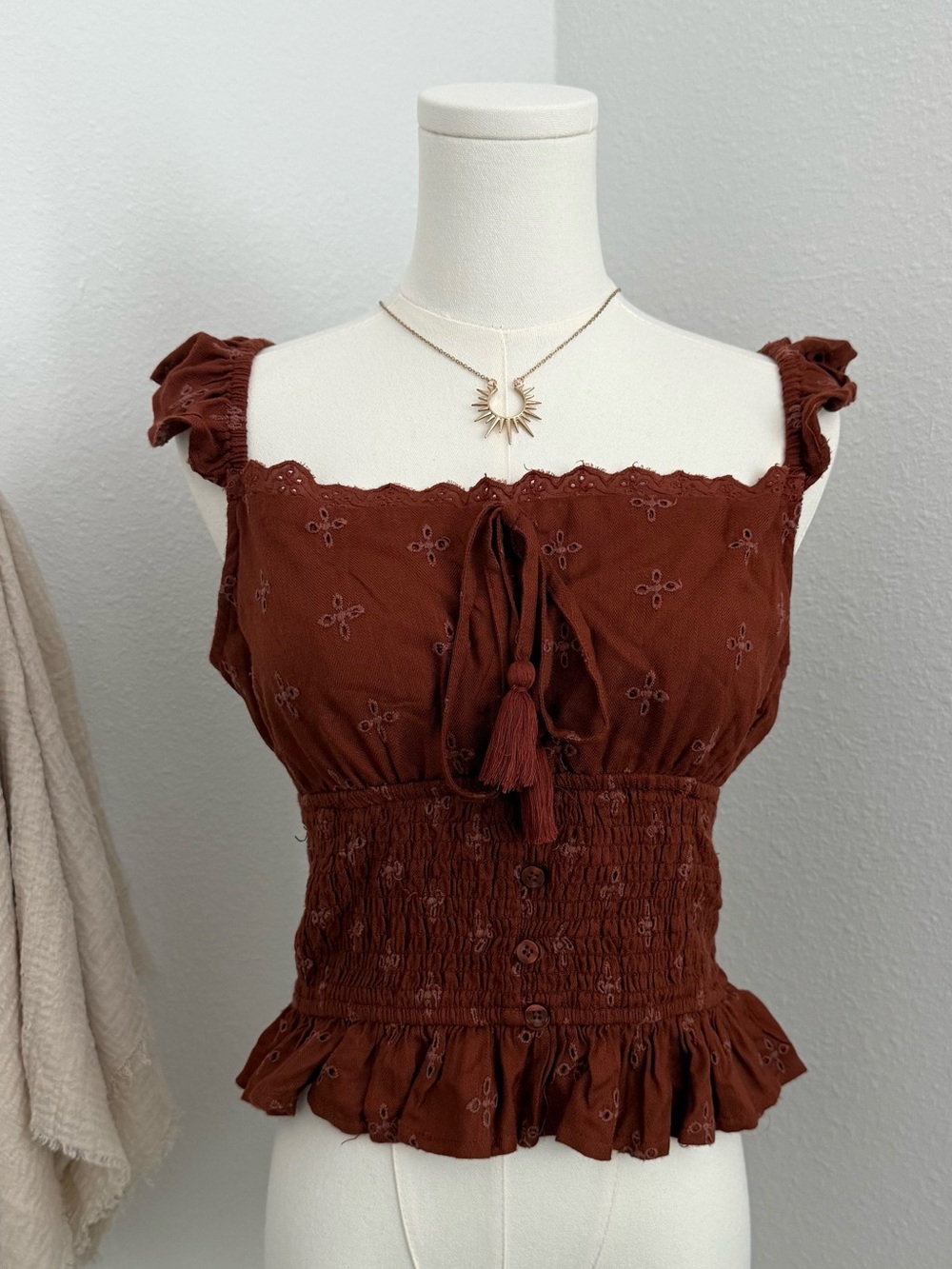 Dizzy Lizzy Rust Boho Smocked Peplum Top Medium